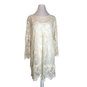 Calstyle Lace Tunic Dress Size M Ivory Cream Attached Slip Feminine  NWT